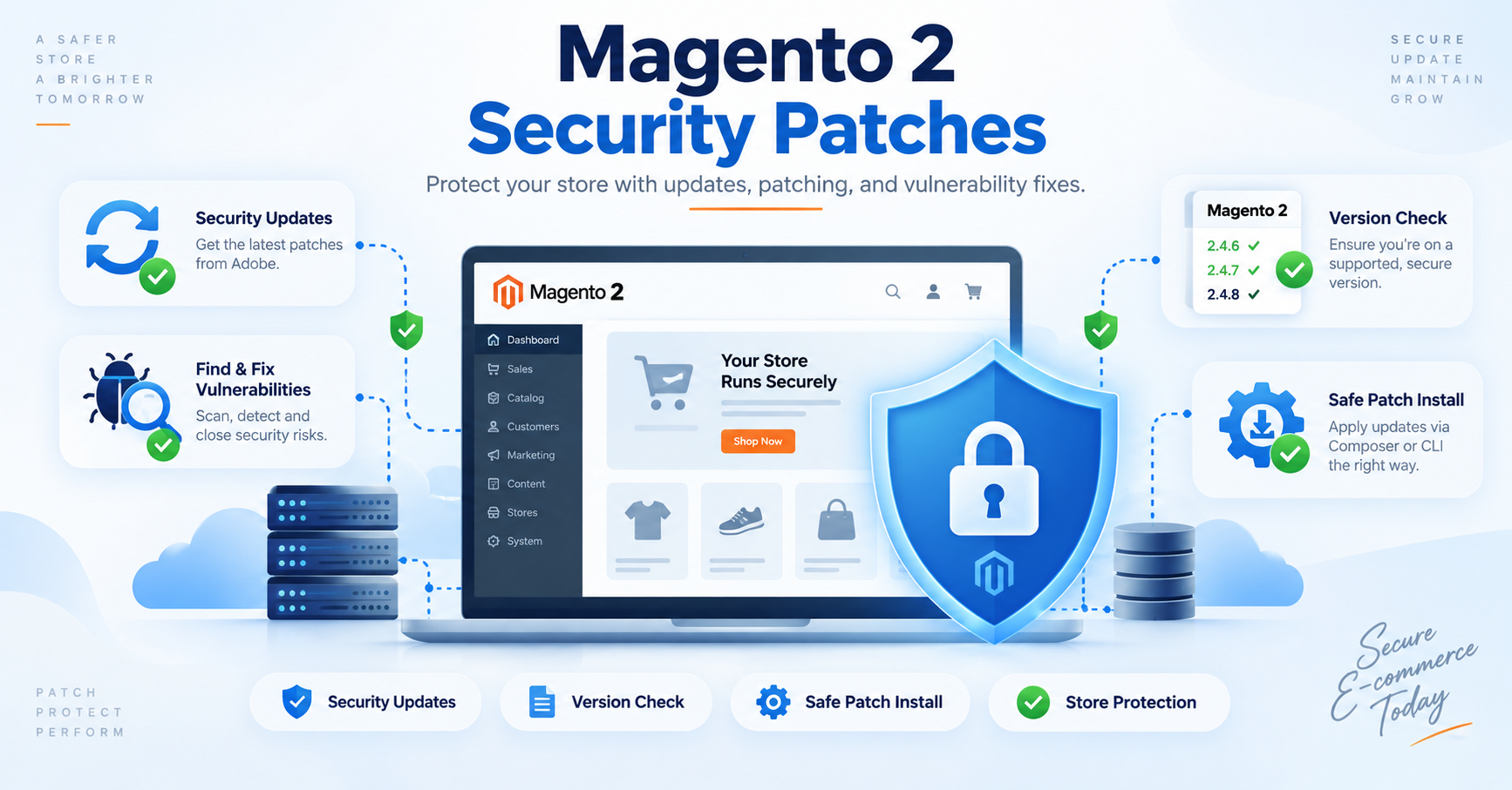 Learn what Magento 2 security patches are, why they matter, and how to safely identify, test, and apply them, covering vulnerabilities, Composer patches, Cloud deployments, and post-patch verification.